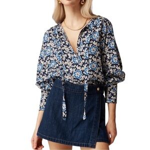 J.CREW V-Neck Long Sleeve Tie Top in Floral Cotton-Blend Dobby Size L CA589